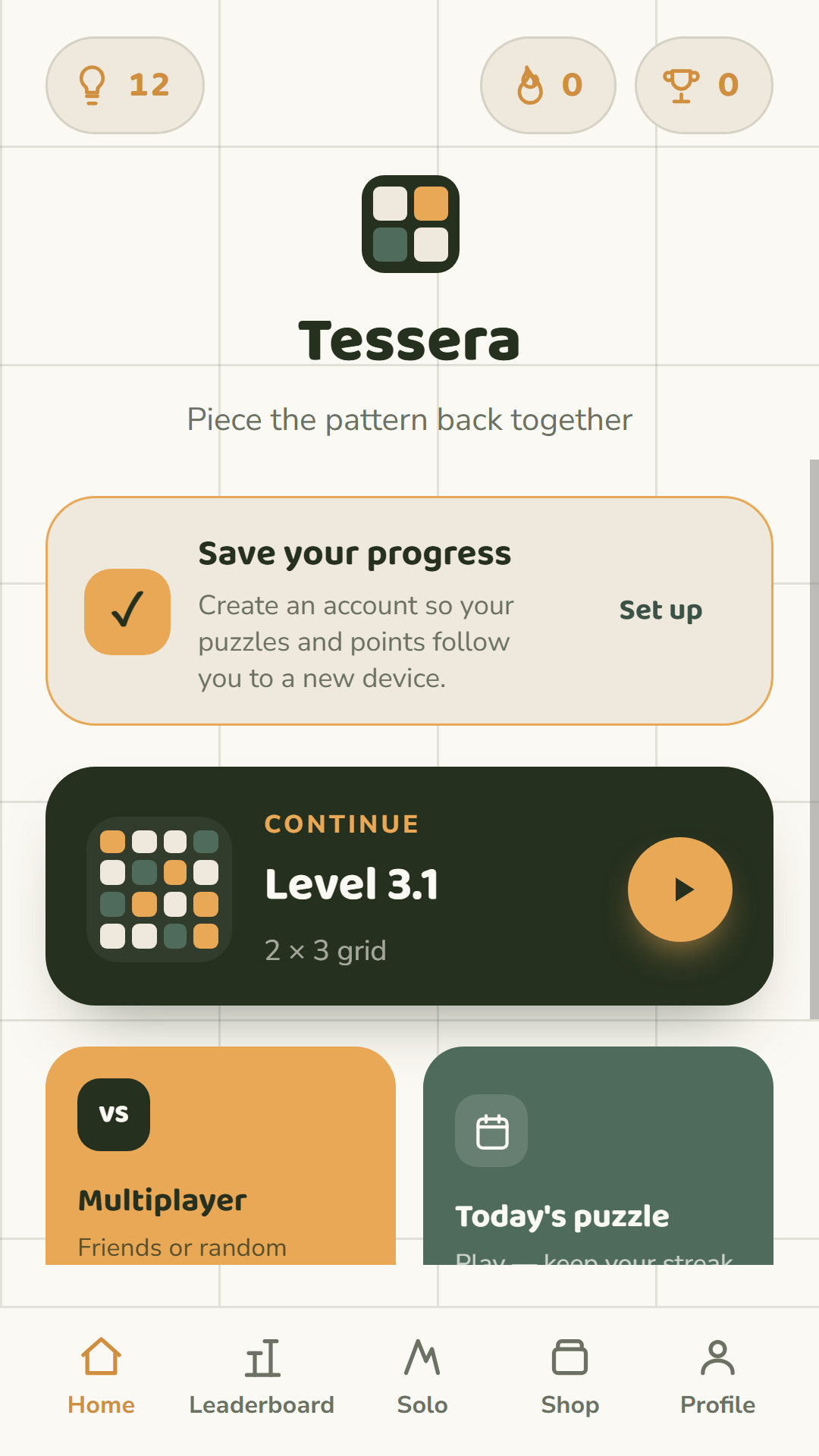 Tessera home screen with a continue card and quick links to multiplayer and today's puzzle