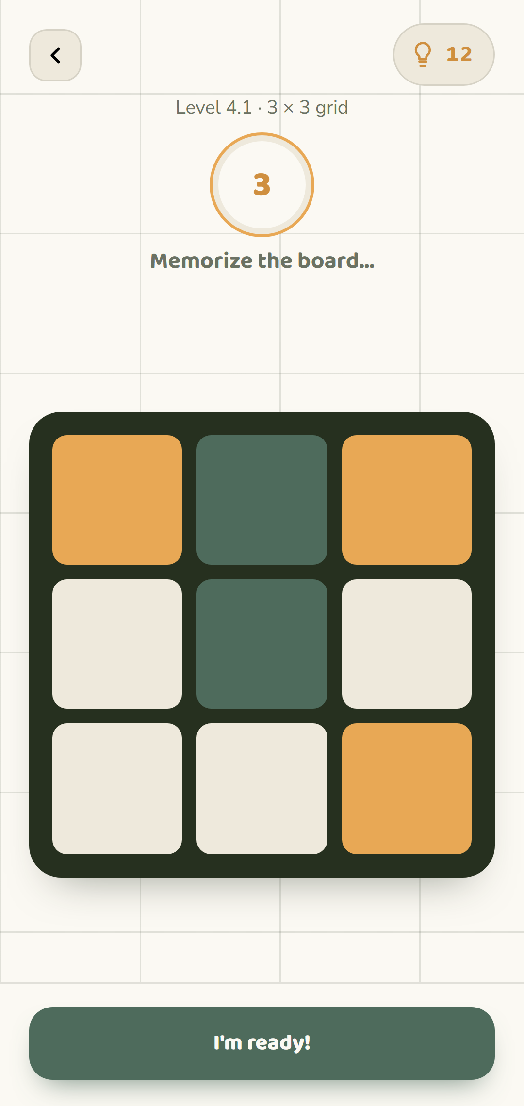 Tessera study phase showing a 3x3 tile board to memorize