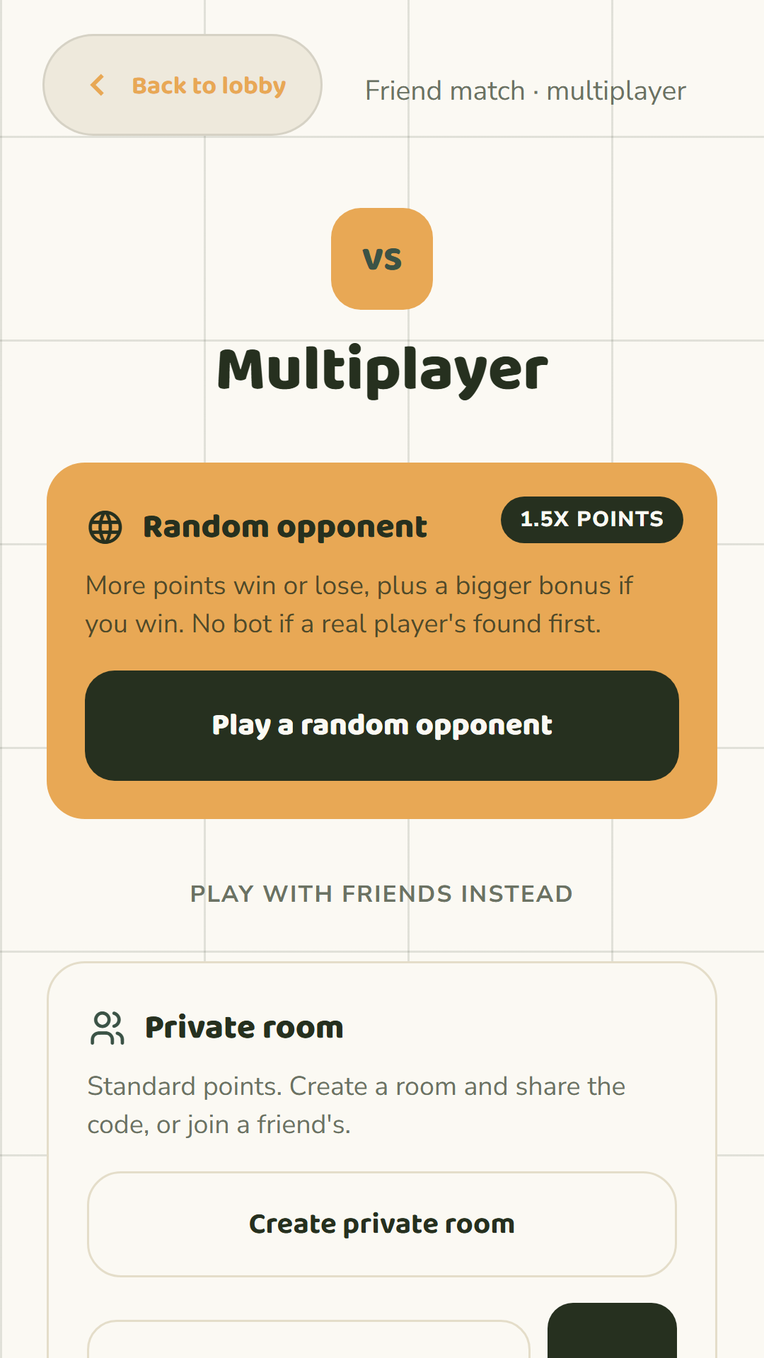 Tessera multiplayer screen with random opponent and private room options