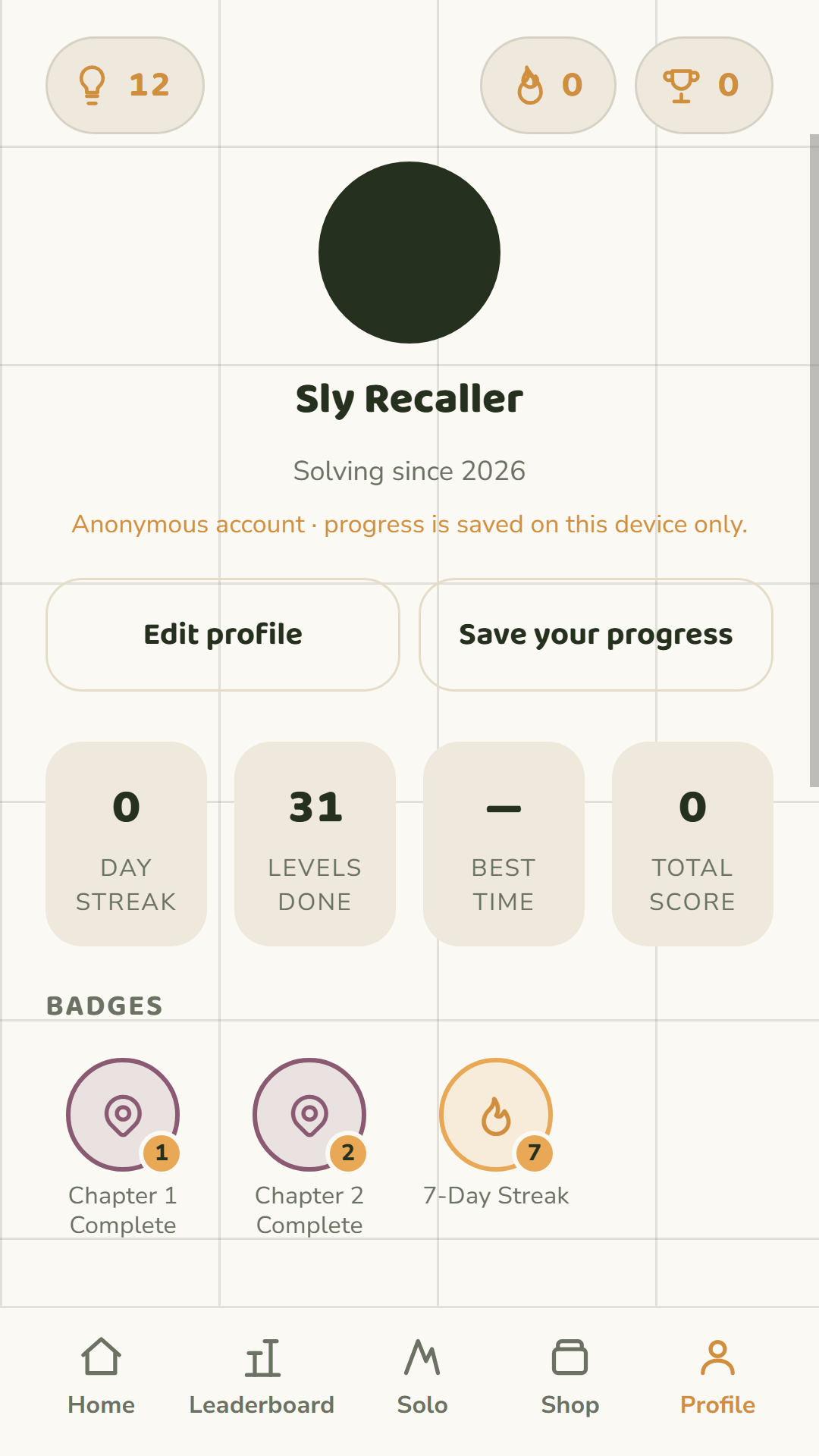 Tessera profile screen with streak, levels done, and badges